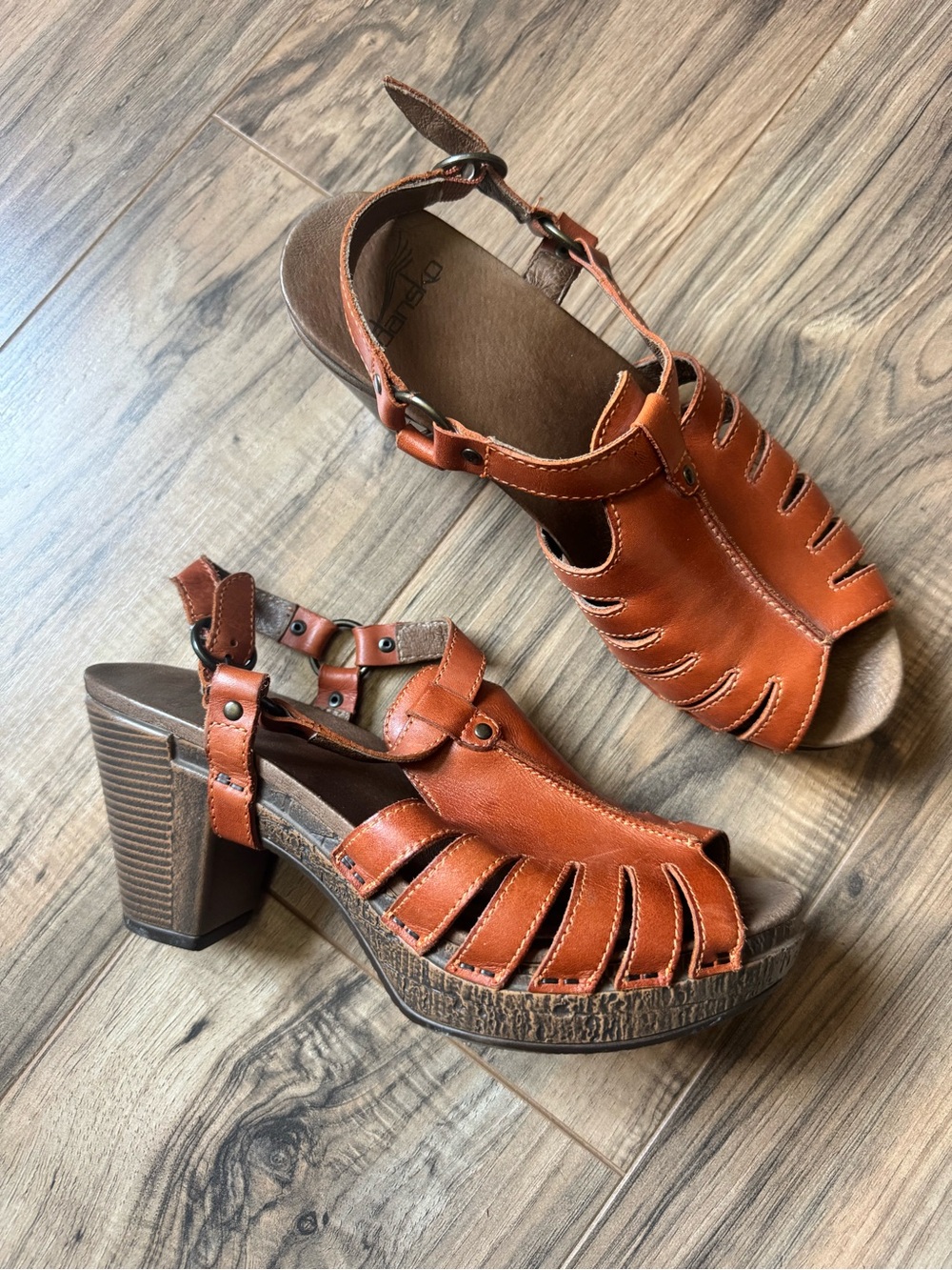 Dansko Thea Cognac Leather Strappy Block Heel Sandals